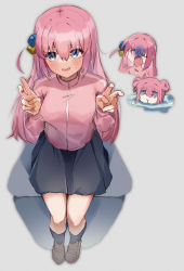 Rule 34 | 1girl, 2gc, absurdres, blue eyes, bocchi the rock!, cube hair ornament, double v, gotoh hitori, hair between eyes, hair ornament, highres, jacket, loafers, long hair, one side up, open mouth, pink hair, pink jacket, shoes, sitting, skirt, solo, track jacket, v