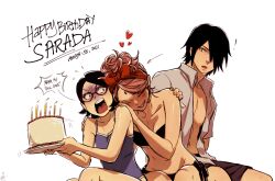 Rule 34 | !, 1boy, 2021, 2girls, alternate hairstyle, amputee, bare pectorals, bikini, birthday cake, black bikini, black hair, black shorts, blue one-piece swimsuit, boruto: naruto next generations, breasts, cake, candle, ceejles, cleavage, closed eyes, collarbone, commentary, dated, english text, facial mark, family, father and daughter, food, forehead mark, glasses, hair over one eye, hairband, hand on another&#039;s shoulder, happy birthday, haruno sakura, heart, highres, holding, holding cake, holding food, husband and wife, looking at another, mother and daughter, multiple girls, naruto (series), one-piece swimsuit, open clothes, open mouth, open shirt, pectorals, pink hair, red-framed eyewear, red hairband, short hair, shorts, side-tie bikini bottom, simple background, sitting, small breasts, smile, strapless, strapless bikini, swimsuit, teeth, uchiha sarada, uchiha sasuke, upper teeth only, white background
