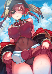 Rule 34 | 1girl, :o, absurdres, arrow through heart, ascot, bare shoulders, blue sky, blush, breasts, buttons, clothes lift, cloud, covered navel, day, eyepatch, gluteal fold, groin, hair between eyes, hat, highres, hololive, houshou marine, large breasts, leotard, leotard under clothes, lifting own clothes, medium hair, outdoors, pink hair, pirate, pirate hat, see-through, see-through leotard, skirt, skirt lift, sky, sleeves past elbows, solo, sweat, tonarikeru, twintails, virtual youtuber