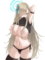 Rule 34 | 1girl, absurdres, asuna (blue archive), black panties, black thighhighs, blonde hair, blue archive, brown thighhighs, covering breasts, covering nipples, covering privates, hair censor, highres, panties, runa (nori31291404), simple background, thighhighs, thighs, topless, underwear, white background