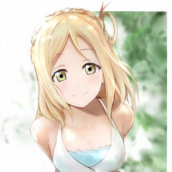 Rule 34 | 1girl, artist name, artist request, bare shoulders, blonde hair, blush, braid, breasts, brown eyes, cleavage, collarbone, crown braid, female focus, hair rings, looking at viewer, love live!, love live! sunshine!!, nannacy7, ohara mari, parted lips, shirt, short hair, small breasts, smile, solo, white shirt, yellow eyes
