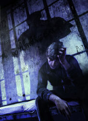Rule 34 | 1boy, bed, brown hair, depressed, hand on own head, highres, konami, male focus, murphy pendleton, official art, prison, prison clothes, prisoner, promotional art, purple theme, shadow, silent hill, silent hill: downpour, silent hill (series), sitting, solo, writing on wall