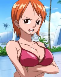 Rule 34 | 1girl, angry, animated, animated gif, back, bikini, black eyes, bouncing breasts, breasts, cleavage, cloud, crossed arms, earrings, from behind, inoue eisaku, jewelry, large breasts, nami (one piece), one piece, orange hair, outdoors, palm tree, parted bangs, short hair, sideboob, sky, solo, swimsuit, tattoo, tree, upper body