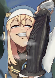 Rule 34 | 1boy, blonde hair, blue eyes, blush, bridget (guilty gear), dildo, fingerless gloves, gloves, grin, guilty gear, guilty gear strive, hair between eyes, heart, heart-shaped pupils, highres, holding, holding sex toy, hood, hood up, hoodie, huge dildo, long hair, long sleeves, male focus, niko andou, sex toy, smile, solo, symbol-shaped pupils, trap