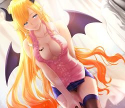 Rule 34 | 1girl, black panties, black thighhighs, blonde hair, blue eyes, blue skirt, breasts, cleavage, closed mouth, collarbone, collared shirt, cowboy shot, demon horns, demon wings, dress shirt, fenrir (fenlil0316), floating hair, frilled shirt, frills, hand on lap, highres, hololive, horns, large breasts, leaning forward, lens flare, long hair, looking at viewer, miniskirt, panties, pencil skirt, pink shirt, pointy ears, purple wings, shirt, side slit, skirt, sleeveless, sleeveless shirt, smile, solo, standing, swept bangs, thigh gap, thighhighs, unbuttoned, unbuttoned shirt, underwear, very long hair, virtual youtuber, wing collar, wings, yuzuki choco, yuzuki choco (1st costume)