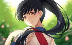 Rule 34 | 1girl, black hair, commentary, from behind, hazuki ren, high ponytail, highres, long hair, looking at viewer, love live!, love live! superstar!!, mukunokino isshiki, ponytail, portrait, sash, solo, start!! true dreams (love live!), yellow eyes