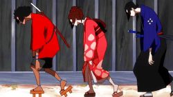 Rule 34 | 1girl, 2boys, animated, animated gif, black hair, fuu (samurai champloo), jin (samurai champloo), lowres, mugen (samurai champloo), multiple boys, samurai champloo, short hair, sword, walking, weapon