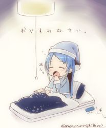 Rule 34 | 1girl, awake, blanket, blue hair, commentary request, closed eyes, kantai collection, lamp, long hair, mae (maesanpicture), mattress, open mouth, pajamas, samidare (kancolle), solo, translation request, twitter username, very long hair, yawning