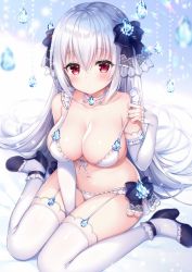 Rule 34 | 1girl, aquamarine (gemstone), arm warmers, bare shoulders, beads, between legs, black bow, black footwear, blurry, blush, bow, bra, breasts, choker, cleavage, closed mouth, collarbone, depth of field, front-tie top, full body, garter straps, glint, hair between eyes, hair bow, hand up, high heels, jewelry, lace, lace-trimmed bra, lace-trimmed panties, lace trim, large breasts, lingerie, long hair, looking at viewer, mitsuba choco, navel, original, panties, red eyes, silver hair, sitting, solo, stomach, strap pull, thighhighs, thighs, underwear, very long hair, wariza, white bra, white panties, white thighhighs