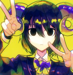 Rule 34 | 1girl, amaneryuusei, black eyes, black hair, bow, bowtie, closed mouth, curled horns, double v, hair between eyes, highres, horns, jacket, long sleeves, looking at viewer, original, purple bow, purple bowtie, solo, upper body, v, yellow background
