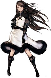 Rule 34 | 1girl, agnes oblige, black eyes, black hair, boots, bravely default: flying fairy, bravely default (series), cape, dress, elbow gloves, full body, fur, gloves, hairband, knee boots, long hair, official art, open mouth, parted lips, pom pom (clothes), puffy sleeves, skirt, solo, standing, transparent background, yoshida akihiko