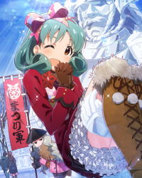 10s 2girls brown_eyes gloves green_eyes green_hair grey_hair handa_roco idolmaster idolmaster_million_live! multiple_girls official_art one_eye_closed tokugawa_matsuri wink