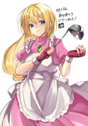 Rule 34 | 1girl, absurdres, apron, back bow, blonde hair, blue eyes, bow, closed mouth, cowboy shot, dress, fingerless gloves, frilled apron, frills, gloves, head tilt, highres, holding, holding ladle, ladle, lilith aileron, long hair, looking at viewer, low-tied long hair, mugen no sudadokei, pink dress, red gloves, signature, simple background, smile, solo, standing, tales of (series), tales of destiny, white apron, white background, white bow