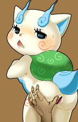 Rule 34 | 10s, 1girl, absurdres, artist request, ass, black eyes, censored, female focus, furry, furry female, highres, komasan, male hand, open mouth, pussy, simple background, solo, youkai watch