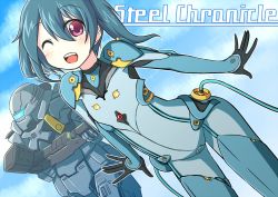 Rule 34 | 1girl, ;d, blue hair, bodysuit, flat chest, long hair, one eye closed, open mouth, red eyes, short twintails, smile, steel chronicle, takamine (smdx), takamine tsukumo, twintails, wink, yun rina