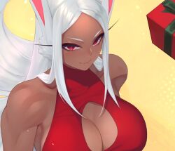Rule 34 | 1girl, animal ears, artist name, bare shoulders, bikini, boku no hero academia, breasts, christmas, cleavage cutout, clothing cutout, dark-skinned female, dark skin, gabriel carrasquillo, gift, large breasts, long eyelashes, long hair, looking at viewer, mirko, parted bangs, rabbit ears, rabbit girl, red eyes, smile, solo, swimsuit, tankini, toned, upper body, white hair, yellow background
