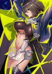 Rule 34 | 1girl, absurdres, arms up, azur lane, baltimore (azur lane), blue coat, blush, breasts, brown hair, center opening, clothing cutout, coat, highres, hood, hooded coat, kaki z3, large breasts, looking to the side, multicolored coat, navel, pelvic curtain, short hair, smile, stomach cutout, thighhighs, thighs, underboob, underboob cutout, yellow eyes