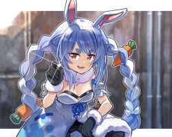 Rule 34 | 1girl, animal ear fluff, animal ears, black gloves, black leotard, black pantyhose, blue hair, braid, carrot, carrot hair ornament, coat, coat dress, coin, commentary request, detached sleeves, don-chan (usada pekora), dress, food-themed hair ornament, fur-trimmed coat, fur-trimmed gloves, fur scarf, fur trim, gloves, hair ornament, highres, holding, holding coin, hololive, leotard, leotard under clothes, long hair, looking at viewer, multicolored hair, pantyhose, puffy short sleeves, puffy sleeves, rabbit-shaped pupils, rabbit ears, rabbit girl, sakino shingetsu, shine, short eyebrows, short sleeves, solo, strapless, strapless coat, strapless dress, strapless leotard, symbol-shaped pupils, thick eyebrows, twin braids, twintails, two-tone hair, usada pekora, usada pekora (1st costume), virtual youtuber, white coat, white hair