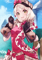 Rule 34 | 1girl, bare shoulders, black gloves, bow, braid, breasts, bush, fire emblem, fire emblem engage, framme (fire emblem), gloves, hat, hat bow, highres, long hair, looking at viewer, multicolored hair, nintendo, open mouth, pink bow, risumi (taka-fallcherryblossom), scarf, single braid, sleeveless, small breasts, smile, solo, yellow eyes
