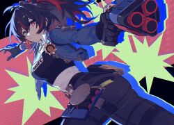 Rule 34 | 1girl, ahoge, aiming, ass, black gloves, black hair, black pants, black shirt, blue jacket, checkered necktie, collared shirt, commentary, cowboy shot, earpiece, english text, gloves, gun, hair between eyes, hair ornament, high ponytail, highres, holding, holding gun, holding weapon, jacket, logo, long hair, looking at viewer, mao (expuella), multicolored hair, necktie, open clothes, open jacket, pants, red eyes, shirt, sidelocks, solo, streaked hair, symbol-only commentary, weapon, white shirt, zenless zone zero, zhu yuan