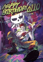 Rule 34 | 1boy, belt, black footwear, english text, eustass kid, guitar, happy birthday, highres, holding, holding instrument, instrument, law106g, light smile, muscular, muscular male, one piece, paint splatter, red hair, short hair, sitting, skull and crossbones, solo focus, spread legs, topless male