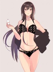 Rule 34 | 1girl, black bra, black hair, black panties, black towel, bra, breasts, cleavage, collarbone, commentary request, cowboy shot, grey background, kantai collection, kasumi (skchkko), long hair, looking at viewer, medium breasts, nagato (kancolle), narrow waist, navel, panties, parted lips, red eyes, simple background, solo, standing, thigh gap, type 91 armor-piercing shell, underwear, underwear only