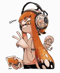 Rule 34 | 1boy, 1girl, artist name, beard, bike shorts, blunt bangs, bright pupils, cellphone, closed mouth, constricted pupils, copyright name, cowboy shot, english text, facial hair, flat chest, forked eyebrows, hand up, happy, hat, headphones, highres, holding, holding phone, inkling, inkling girl, inkling player character, long hair, looking at viewer, matching hair/eyes, nintendo, old, old man, orange eyes, orange hair, partially colored, patch, peaked cap, phone, shirt, shogo (shogo70449442), short sleeves, sidelocks, signature, simple background, smartphone, smile, solo focus, splatoon (series), splatoon 1, split mouth, standing, tentacle hair, tentacles, twintails, v, very long hair, white background, white pupils, white shirt