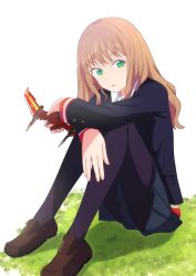 Rule 34 | 1girl, absurdres, black jacket, black pantyhose, brown footwear, brown hair, collared shirt, full body, green eyes, grey skirt, gridman universe, highres, holding, jacket, loafers, long hair, long sleeves, looking at viewer, minami yume, miniskirt, open mouth, pantyhose, pleated skirt, school uniform, shirt, shoes, sitting, skirt, solo, ssss.dynazenon, straight hair, white background, white shirt, wing collar, yaken (11keionnota06)
