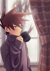 Rule 34 | 1boy, absurdres, blue oak, brown hair, commentary request, creatures (company), cup, curtains, game freak, green eyes, hand up, highres, holding, holding cup, indoors, male focus, mug, nintendo, parted lips, pokemon, pokemon adventures, purple sweater, short hair, solo, spiked hair, sweater, turtleneck, turtleneck sweater, upper body, wanichi, window