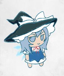 Rule 34 | 1girl, black hat, blue eyes, blue hair, borrowed accessory, bow, cirno, closed mouth, commentary, english commentary, fairy wings, full body, fumo (doll), grey background, hat, hat bow, ice, ice wings, kirisame marisa, neck ribbon, red ribbon, ribbon, short hair, simple background, skullchimes, smile, solo, standing, touhou, v-shaped eyebrows, white bow, wings, witch hat