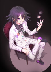 Rule 34 | 1boy, absurdres, alternate costume, black footwear, black hair, black shirt, chair, checkered clothes, checkered necktie, checkered neckwear, checkered ribbon, commentary request, danganronpa (series), danganronpa v3: killing harmony, dice, from above, full body, grin, hair between eyes, highres, jacket, long sleeves, looking at viewer, male focus, nail polish, nanin, necktie, oma kokichi, pants, pink nails, purple eyes, purple footwear, purple hair, purple nails, ribbon, scarf, shirt, shoes, short hair, sitting, smile, solo, teeth, throwing, white jacket, white pants