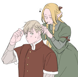 Rule 34 | 1boy, 1girl, blonde hair, braid, braiding hair, brown eyes, brown hair, closed eyes, commentary request, daki info, dress, dungeon meshi, green dress, hair ornament, hairdressing, hairpin, hand up, hands up, highres, korean commentary, laios touden, light brown hair, long hair, long sleeves, looking at viewer, marcille donato, mouth hold, short hair, simple background, smile, standing, twin braids, upper body, very short hair, white background