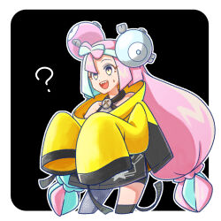 Rule 34 | 1girl, ?, black background, border, bow-shaped hair, character hair ornament, commentary request, creatures (company), game freak, green hair, grey shirt, hair ornament, highres, iono (pokemon), jacket, multicolored hair, nintendo, nru puso, open mouth, outline, pink hair, pokemon, pokemon sv, sharp teeth, shirt, single leg pantyhose, sleeveless, sleeveless shirt, sleeves past fingers, sleeves past wrists, solo, sweatdrop, teeth, thigh strap, twintails, two-tone hair, upper teeth only, white border, yellow jacket
