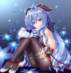 Rule 34 | 1girl, ahoge, ass, bare back, black bodysuit, black gloves, black pantyhose, blue flower, blue hair, blush, bodice, bodysuit, bow, breasts, chinese knot, detached sleeves, floral print, flower, flower knot, from side, full body, ganyu (genshin impact), genshin impact, gloves, goat horns, hair between eyes, hair bow, high heels, horns, knees up, large breasts, long hair, long sleeves, looking at viewer, moekibara fumitake, pantyhose, purple eyes, sitting, smile, solo, very long hair, vision (genshin impact)