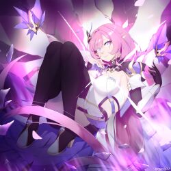 1girl absurdres between_breasts black_boots black_gloves black_shrug blue_eyes boots breasts commentary elysia_(honkai_impact) elysia_(miss_pink_elf)_(honkai_impact) full_body gloves hair_ornament hands_up highres honkai_(series) honkai_impact_3rd large_breasts long_hair looking_at_viewer onshigou parted_lips pink_pupils pointy_ears shirt shrug_(clothing) signature smile solo thigh_boots thighs very_long_hair white_shirt