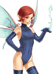 Rule 34 | 1girl, atlus, bare shoulders, elbow gloves, gloves, hand on own hip, highleg, highleg leotard, hip focus, leotard, lowres, navel, pixie (megami tensei), pointy ears, red eyes, red hair, shin megami tensei, shin megami tensei: strange journey, shin megami tensei iii: nocturne, short hair, solo, thighhighs, wings