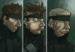 Rule 34 | 1boy, blonde hair, brown hair, caricature, crazy eyes, expressionless, headband, long nose, male focus, metal gear (series), metal gear solid, military, military uniform, old snake, parody, solid snake, transformation, uniform, upper body, wide-eyed