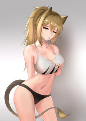 Rule 34 | 1girl, absurdres, adapted costume, animal ear fluff, animal ears, arknights, arm behind back, bad id, bad pixiv id, bare shoulders, black panties, blonde hair, breasts, candy, cleavage, collarbone, contrapposto, cowboy shot, crop top, expressionless, food, grabbing own breast, grey background, highres, large breasts, lion ears, lion girl, lion tail, lollipop, long hair, looking at viewer, mouth hold, navel, panties, siege (arknights), simple background, sleeveless, solo, stomach, tail, underwear, yellow eyes, yzbr