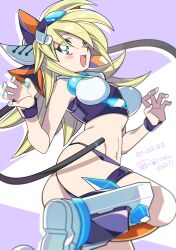 Rule 34 | 1girl, ass, blonde hair, blue nails, blush stickers, breasts, dark magician girl, dated, duel monster, green eyes, highres, looking at viewer, medium breasts, misaka (missa), nail polish, navel, open mouth, paw pose, simple background, sleeveless, solo, thigh strap, wristband, yu-gi-oh!