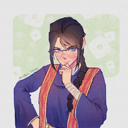 Rule 34 | 1girl, bandaged arm, bandages, black hair, blue-framed eyewear, blue eyes, blue robe, braid, braided ponytail, closed mouth, commentary, elden ring, elden things, english commentary, glasses, hand on own chin, hand on own hip, highres, long hair, robe, smile, solo, sorceress sellen, twitter username, wide sleeves