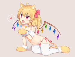 Rule 34 | 1girl, ahoge, animal ear fluff, animal ears, animal hands, arm support, bare shoulders, bell, blonde hair, blush, bow, bra, cat ears, cat tail, collar, commentary request, crystal, detached collar, detached sleeves, flandre scarlet, full body, gloves, grey background, groin, hair between eyes, hair bow, heart, highres, jingle bell, kemonomimi mode, long hair, looking at viewer, navel, neck bell, no headwear, one side up, open mouth, panties, paw gloves, paw shoes, pink bra, puffy short sleeves, puffy sleeves, red bow, red eyes, red panties, shadow, shoes, short sleeves, side-tie panties, simple background, solo, spoken heart, stomach, tail, tail bow, tail ornament, thighhighs, thighs, touhou, underwear, underwear only, white thighhighs, wings, yada (xxxadaman), yellow footwear, yellow gloves