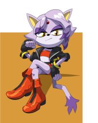 Rule 34 | 1girl, animal ears, black jacket, blaze the cat, cat ears, cat girl, cat tail, clenched hand, crop top, eric toner, fingerless gloves, forehead jewel, furry, furry female, gloves, hand on own hip, highres, jacket, looking at viewer, miniskirt, open clothes, open jacket, purple fur, red footwear, skirt, sonic (series), tail, yellow eyes