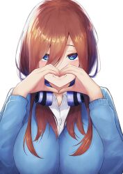 Rule 34 | 1girl, absurdres, akaneiro (akane color35), blue cardigan, blue eyes, blush, breasts, brown hair, c:, cardigan, closed mouth, commentary, enpera, eyebrows hidden by hair, eyelashes, go-toubun no hanayome, hair between eyes, hair over one eye, hands up, headphones, headphones around neck, heart, heart-shaped pupils, heart hands, highres, large breasts, long hair, looking at viewer, nakano miku, scarf, school uniform, sidelighting, simple background, smile, solo, split mouth, straight-on, symbol-shaped pupils, upper body, white background
