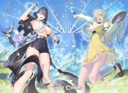 Rule 34 | 2girls, ;d, armpits, black hair, bracelet, breast curtains, breasts, breasts apart, cleavage, copyright name, cyberpunk, dress, falling petals, feet out of frame, field, grey hair, half-closed eyes, highres, jewelry, kagimiya mello, large breasts, last origin, leather shorts, looking at viewer, machina (last origin), multiple girls, nail, one eye closed, open mouth, outstretched arm, palette (object), petals, short shorts, shorts, shrug (clothing), smile, standing, standing on one leg, tailcoat, yellow dress