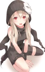Rule 34 | 1girl, :d, arms between legs, assassin (fate/zero), assassin (fate/zero) (cosplay), bare shoulders, black jumpsuit, black scarf, blonde hair, commentary, cosplay, fate/kaleid liner prisma illya, fate (series), female focus, hair between eyes, highres, hood, illyasviel von einzbern, jumpsuit, leg wrap, long hair, looking at viewer, open mouth, red eyes, scarf, short jumpsuit, sitting, sleeveless jumpsuit, smile, solo, torn clothes, torn scarf, v arms, wrist wrap, yuzuzukushi