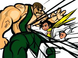 Rule 34 | 1boy, 1girl, alternate color, bad id, bad pixiv id, battle, black hair, bra, brown hair, choker, dougi, facial hair, final fight, height difference, highres, makoto (street fighter), mike haggar, mustache, punching, ribbon choker, shigemori (sigamori), simple background, street fighter, topless male, underwear, yellow bra