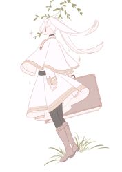 Rule 34 | 1girl, absurdres, arms at sides, black pantyhose, boots, briefcase, brown footwear, capelet, commentary request, dress, earrings, frieren, full body, grass, highres, holding, holding briefcase, jewelry, knee boots, leaf, long hair, pantyhose, pointy ears, simple background, solo, sousou no frieren, surie, tassel, tassel earrings, twintails, white background, white capelet, white dress, white hair