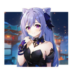 1girl bare_shoulders black_dress blue_dress blush bow bowtie breasts building cleavage collarbone detached_collar double_bun dress genshin_impact hair_bun hair_ornament highres hue_oo keqing_(genshin_impact) keqing_(opulent_splendor)_(genshin_impact) looking_at_viewer multicolored_clothes night night_sky simple_background sky smile solo white_background