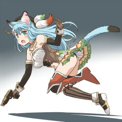 Rule 34 | 1girl, animal ears, asymmetrical footwear, asymmetrical legwear, black hat, black panties, black sleeves, black thighhighs, blue hair, blush, breasts, brown gloves, cat ears, cat tail, character request, copyright request, detached sleeves, falling, floating hair, full body, gloves, gradient background, green eyes, grey background, gun, handgun, hat, highres, holding, holding gun, holding weapon, large breasts, long hair, long sleeves, midriff, mismatched footwear, mismatched legwear, navel, open mouth, panties, showgirl skirt, solo, stomach, strapless, tail, thighhighs, underbust, underwear, very long hair, weapon, yudepii
