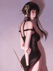 Rule 34 | 1girl, arm behind back, bare shoulders, black dress, black gloves, black hair, breasts, commentary, dagger, dress, earrings, fingerless gloves, flower, from behind, gloves, gold earrings, gold hairband, hairband, highres, holding, holding dagger, holding knife, holding own arm, holding weapon, jewelry, knife, lips, looking at viewer, looking back, medium breasts, nail polish, nuker (nukerdraws), off-shoulder dress, off shoulder, red eyes, red nails, rose, short hair with long locks, single glove, solo, spy x family, standing, thighs, weapon, yor briar